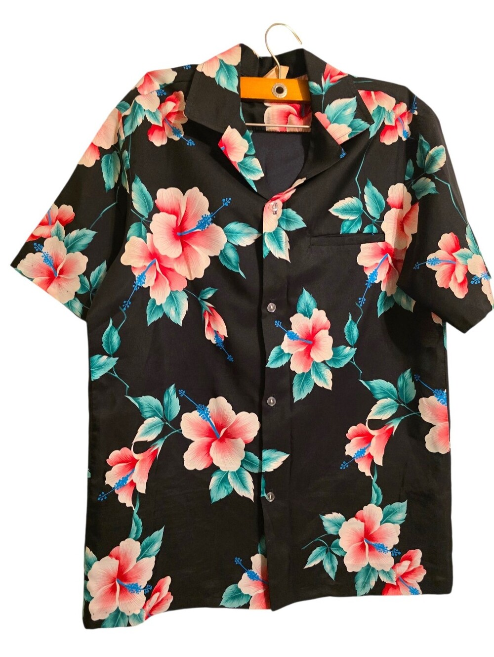 Vintage | Men's Black Floral Hawaiian Shirt with Pink Hibiscus